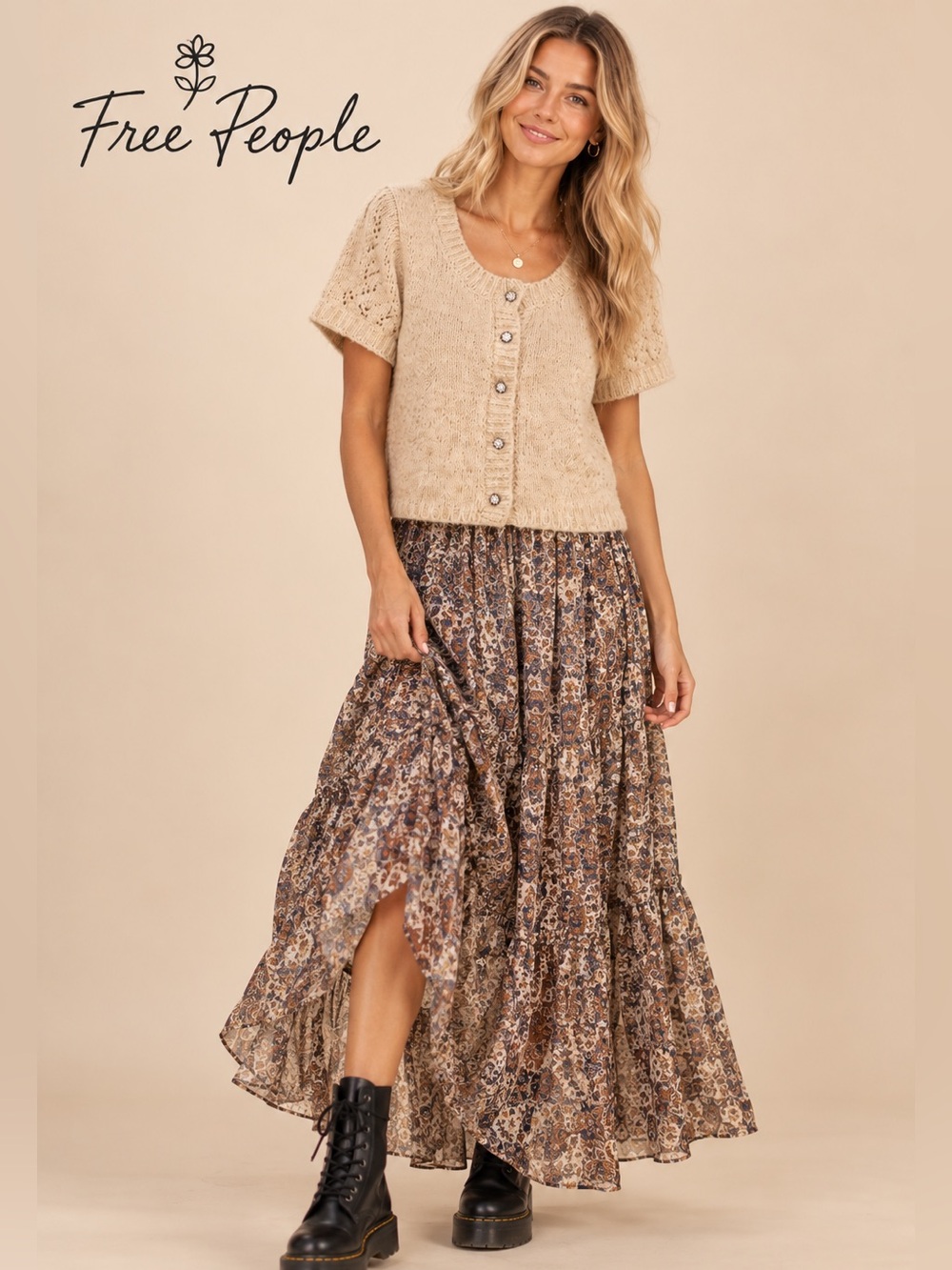Free People Oatmeal Knit Jeweled Button Short Sleeve Cardigan Sweater